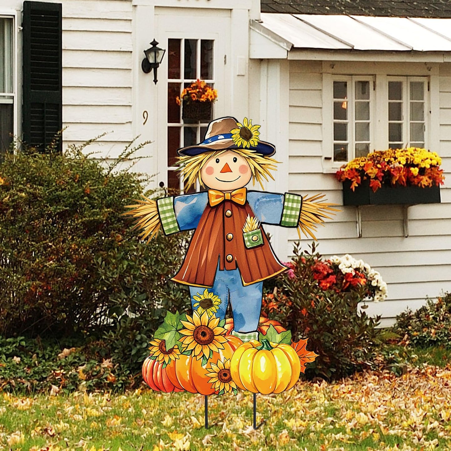 JarThenaAMCS 33" H Fall Scarecrow Metal Garden Stakes Rustic Pumpkin Pile Scarecrow Decorative Lawn Sign for Autumn Thanksgiving Home Outside Lawn Porch Decor