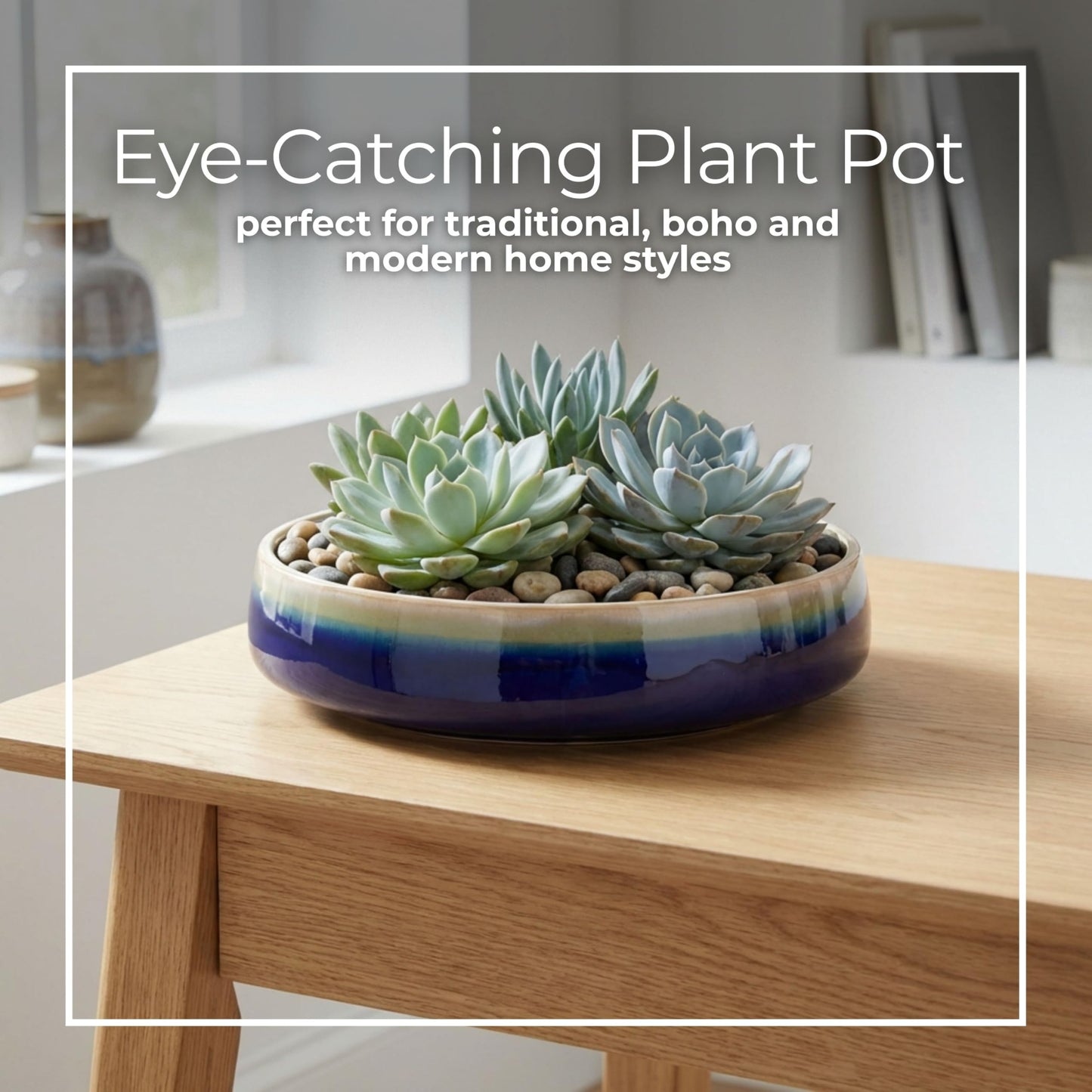 Ceramic Planters Bowl Pot – Planters for Succulents and Small Plants, Indoor Planter for Table, Shelf, or Desk, Wide, Low Profile Design-Forward Home Decor Accent – 4", Blue and White