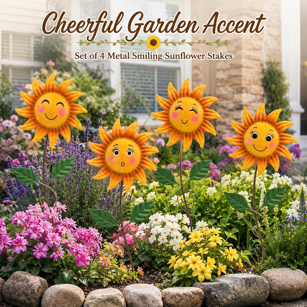WKHOMEDECO 4 Pack Smiley Sunflower Decorative Garden Stakes, 20.5 Inch Metal Flower Garden Stakes for Outside, Yard Art Outdoor Decor for Lawn Planter Porch Patio