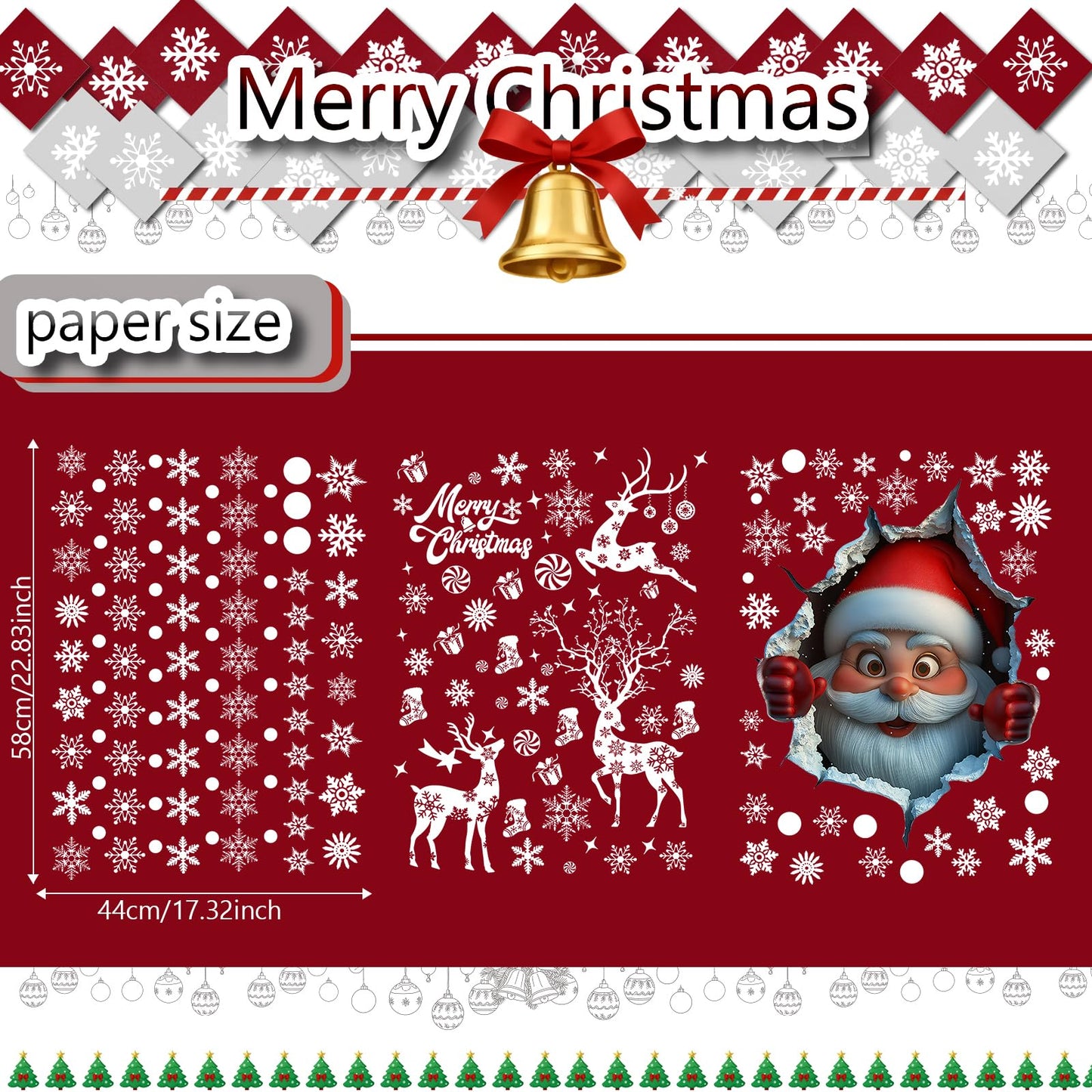 178Pcs Large Christmas Window Clings for Glass, Xmas Snowflake Cling Winter Stickers Reusable Double-Sided Outdoor Window Christmas Decoration for Santa Claus Reindeer Peppermint Decals Holiday Decor