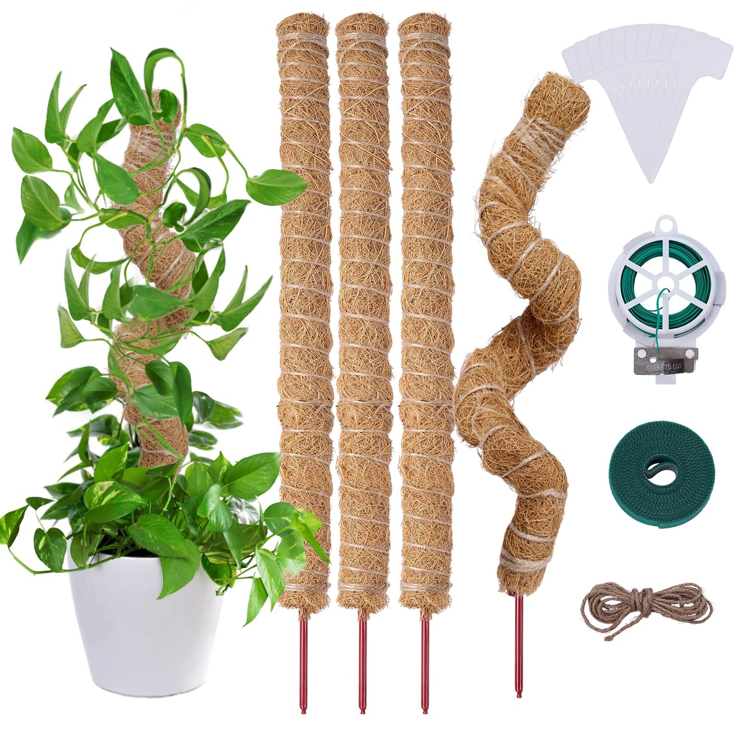 AlisisFores 4 Pcs Bendable Moss Pole for Monstera Plant Support，24 Inch Handmade Coir Pole Stick for Climbing Plants Indoor Plant Stakes for Potted Plants to Grow Upwards