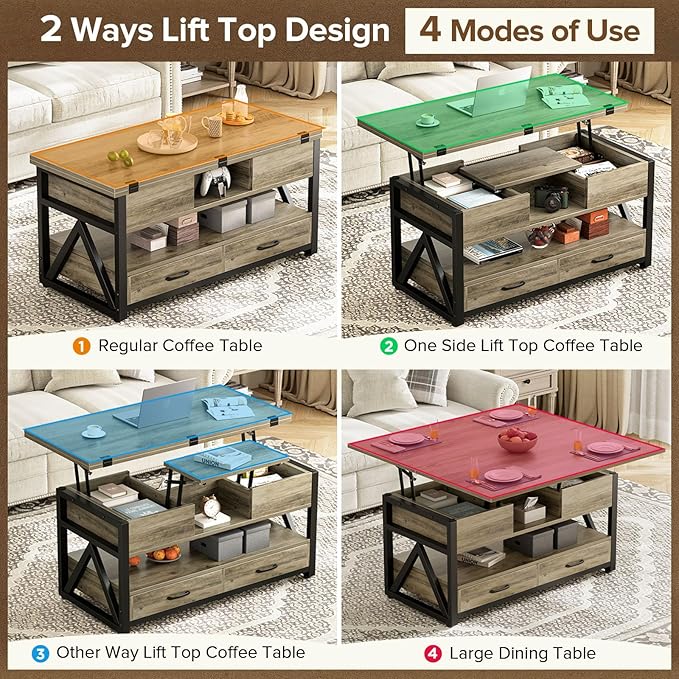 Memobarco 40" Lift Top Coffee Table, 4 in 1 Multi-Function Lift Coffee Tables