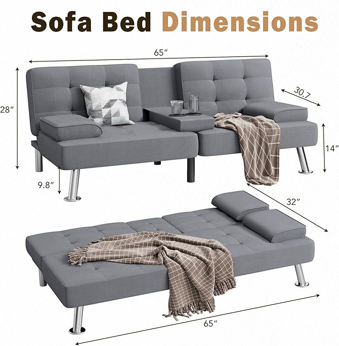 Shahoo Modern Linen Upholstered Convertible Folding Futon Sofa Bed