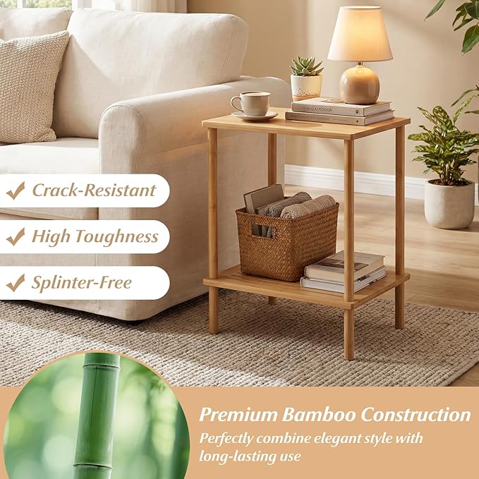 Giantex Bamboo Side Table Set of 2, 2-Tier Sofa End Bedside Table w/Storage