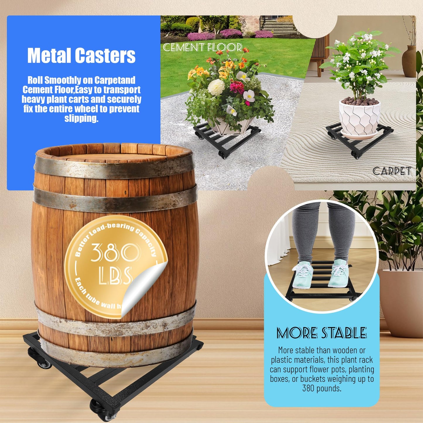 Srehloe 12 Inch Plant Caddy with Wheels Lockable Heavy Duty Trolley Large Metal Square Plant Dolly Plant Roller Base Potted Stand Suitable for Indoor Outdoor Plant Pots Black