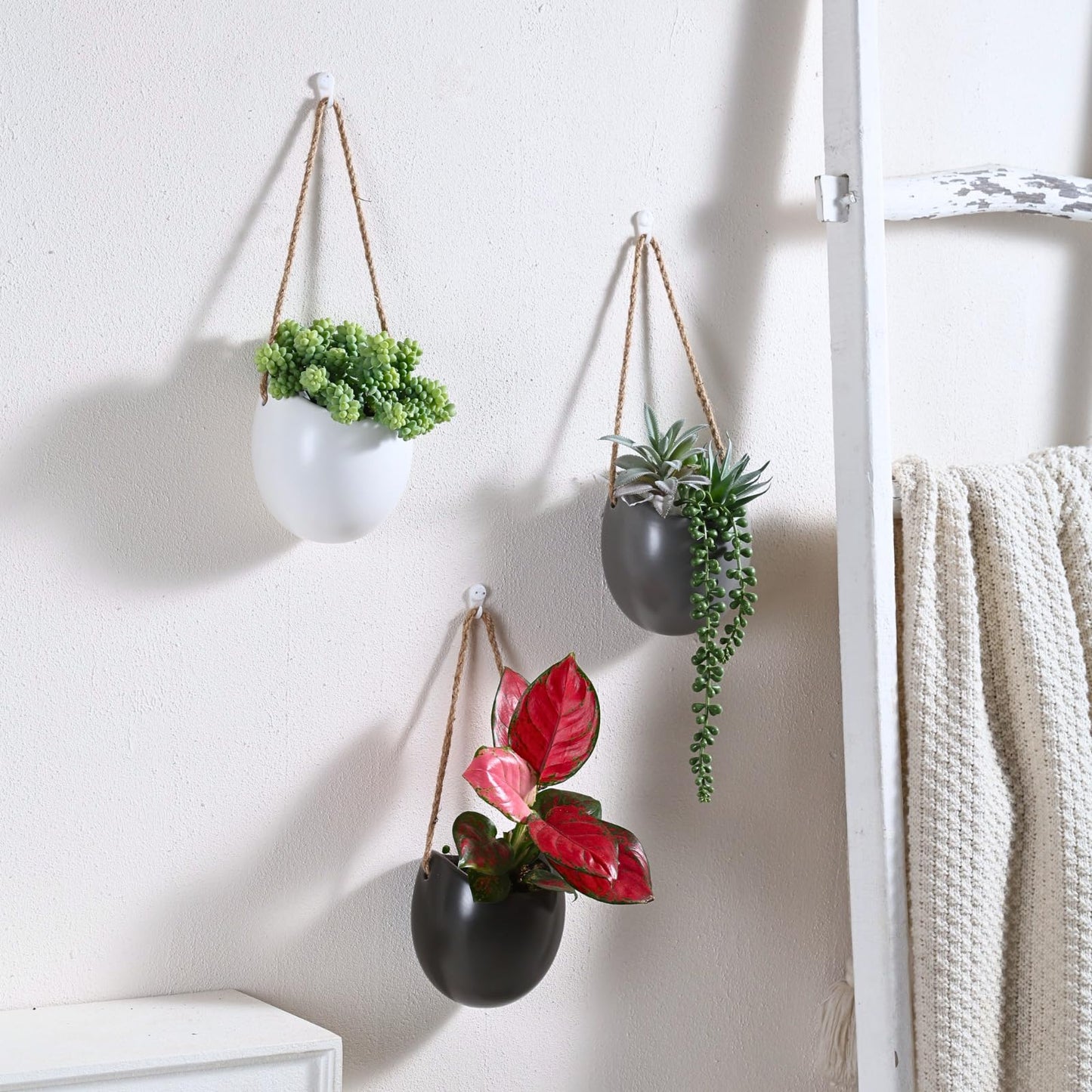 Kvetto Set of 3 Ceramic Wall Vases - Hanging Pocket Planters for Indoor Plants, Wall Decor for Entryway Hallway Bathroom Living Room Dining Room