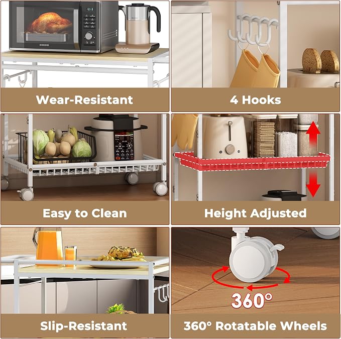 Microwave Kitchen Cart with 2 Lockable Wheels, White Kitchen Storage Cart with Push Handle, 3 Tier Rolling Cart with 210Lbs Capacity for Kitchen Island, Restaurant, Coffee Bar, Living Room, Office