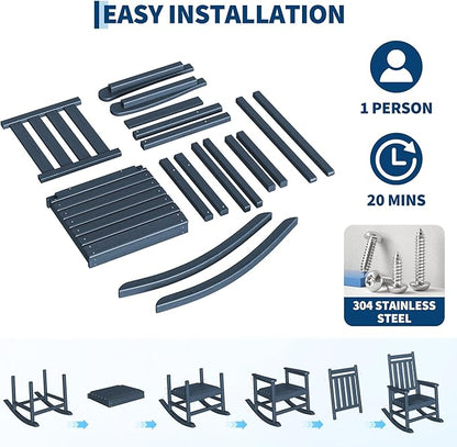 HDPE Rocking Chair Outdoor Set of 4 with 2 Side Table - Poly High Back Porch Rocker Chairs for Adults - All Weather Resistant Furniture for Patio Front Porch - Navy Blue
