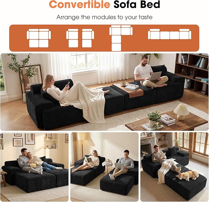 83.5" Boneless Loveseat with 2 Ottoman, Cloud Comfy Sofa Bed, Modular Sofa