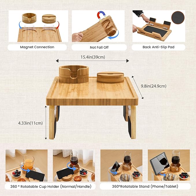 GEHE Real Bamboo Couch Armrest Table, 15.4"x9.8" Couch Arm Tray Table, 3 in 1