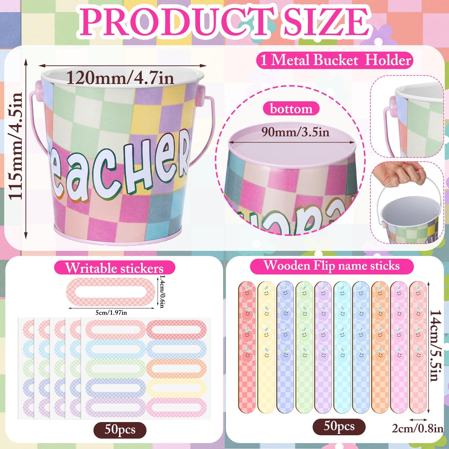 ReliThick 101 Pcs Pastel Checkerboard Flip Name Sticks with Metal Buckets Back to School Talking Sticks with Metal Holder Set for Classroom Management Tool Teacher Essentials Educational Activities