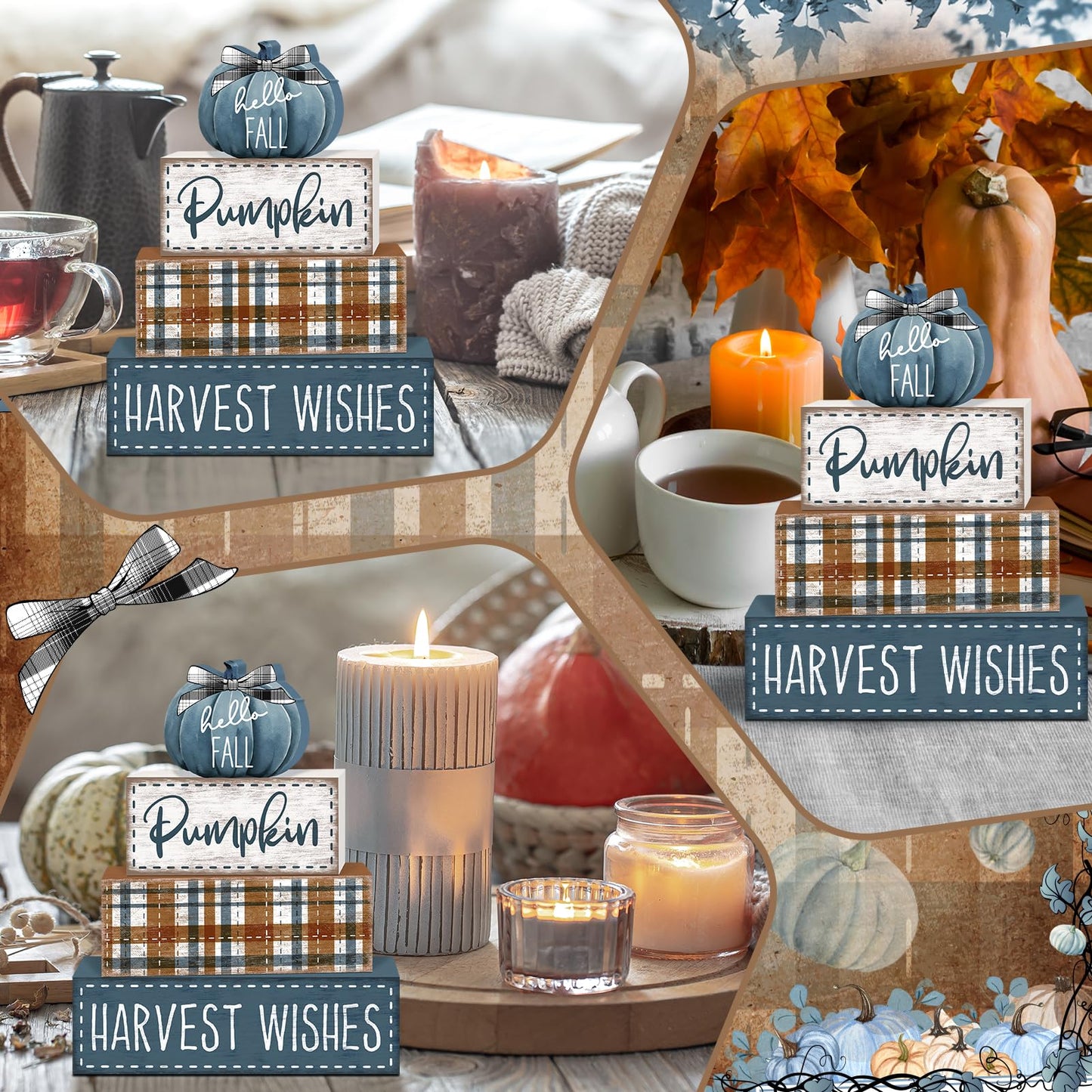 Britimes 4 Pcs Blue Pumpkins Fall Decor Wooden Tiered Tray Sign, Farmhouse Rustic Autumn Pumpkin Decorations Stack Block Set Harvest Wishes Table Centerpieces for Home Kitchen Shelf