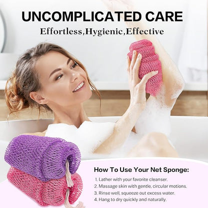 UJFQBH African Net Sponge Authentic 2-Pieces Exfoliating Body Scrubber for Shower & Bath, Deep Cleansing Lather for Dead Skin Removal, Back Scrubber for Women & Men (Pink 、Purple