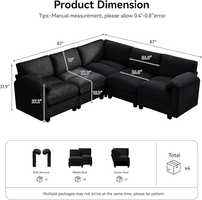 87'' V-Shaped Sectional Sofa Couch, 5-Seater Modular Couches