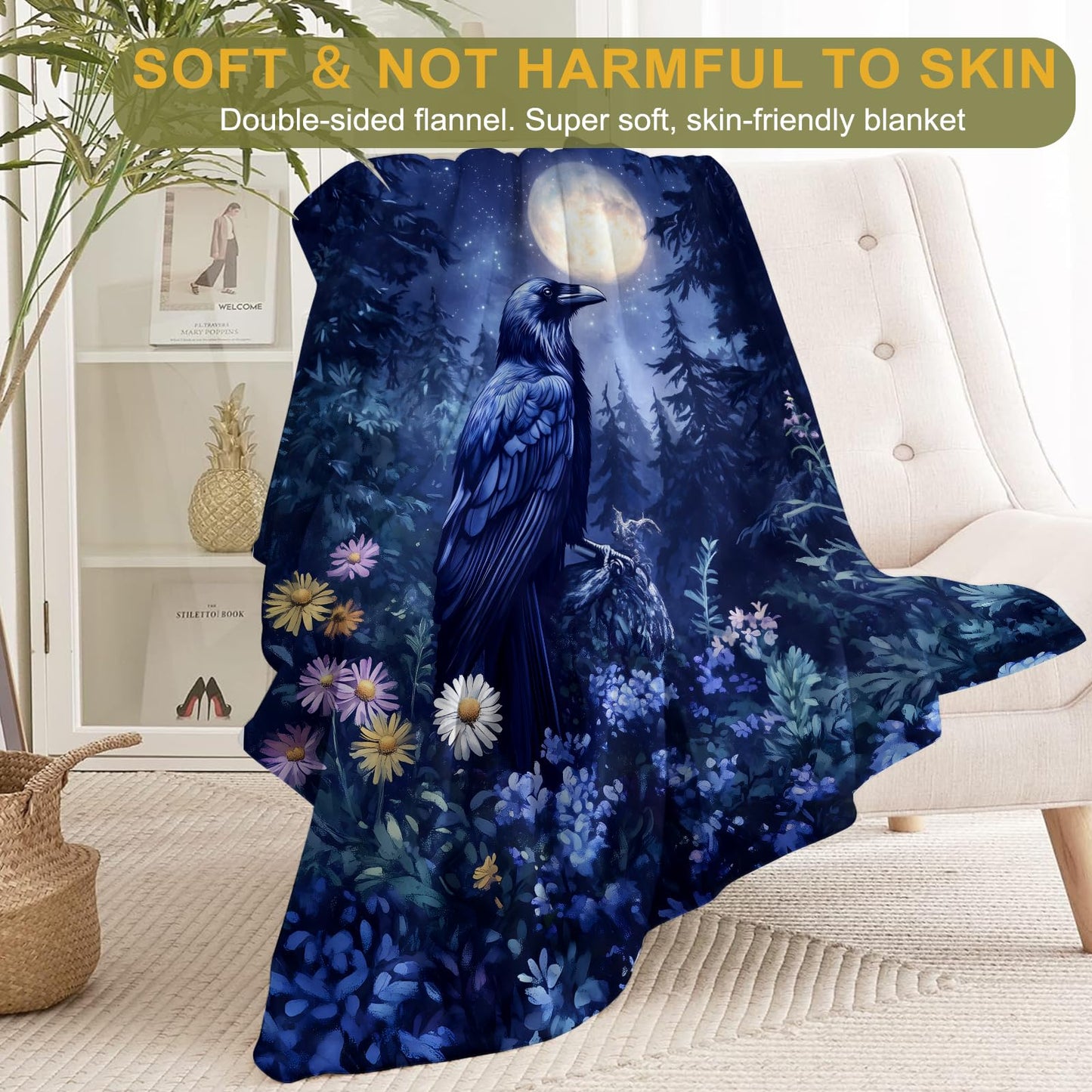 ainori Raven and Moonlit Forest Flannel Blanket - Lightweight Soft Cozy Gifts Blankets for Gothic Lovers, Men,Women,Goth Mystical Night Style Throw,Home Room Modern Halloween Decor 50x60in