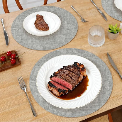 Maxpearl Round Placemats Set of 6, 13.8 inch Faux Leather Heat Resistant Table Mats, Non Slip Waterproof Wipeable Place Mats for Kitchen Dining Holiday Party Table Settings, Grey