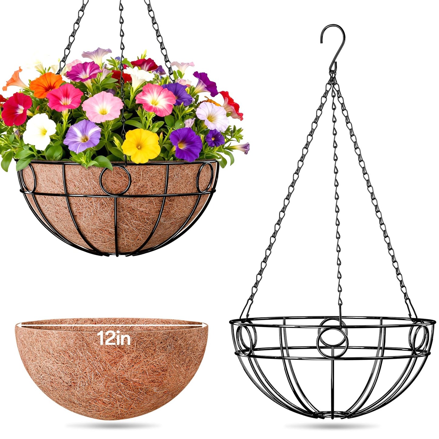 ZeeDix 2 Pack Round Hanging Baskets for Plants Outdoor, 12 Inch Metal Wire Planter Basket with Coco Liner, Hanging Flower Pots for Garden Yard Patio Porch Balcony Decor