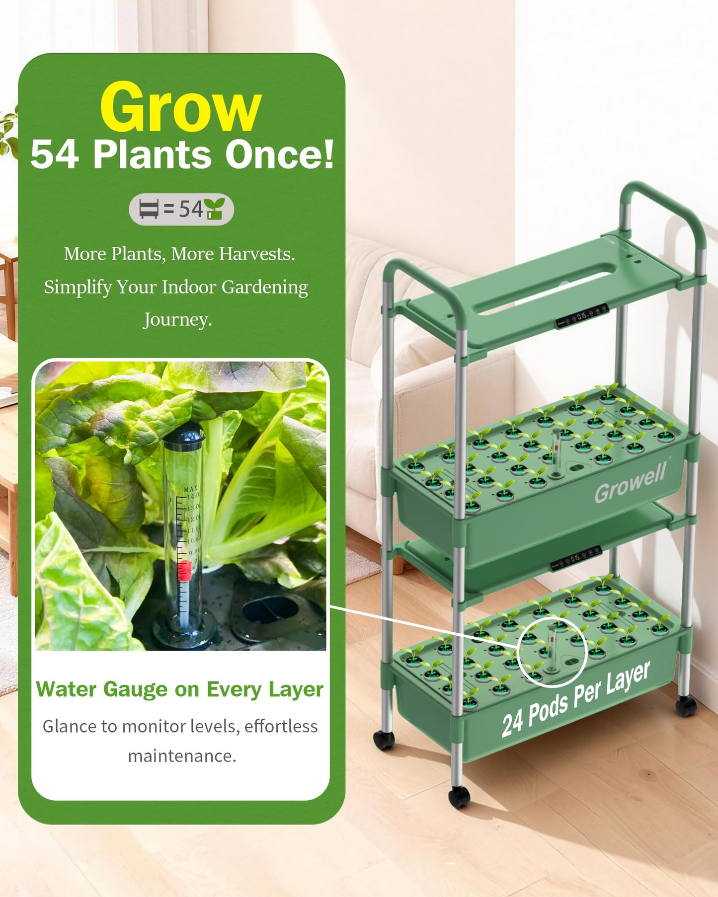 Growell Large Hydroponics Growing System Kit, 54 Pods Vertical Indoor Herb Garden Kit with LED Grow Light & Independent Water Pump, 28L Movable Indoor Planter Perfect Gardening Gifts (2 Tier-Green)