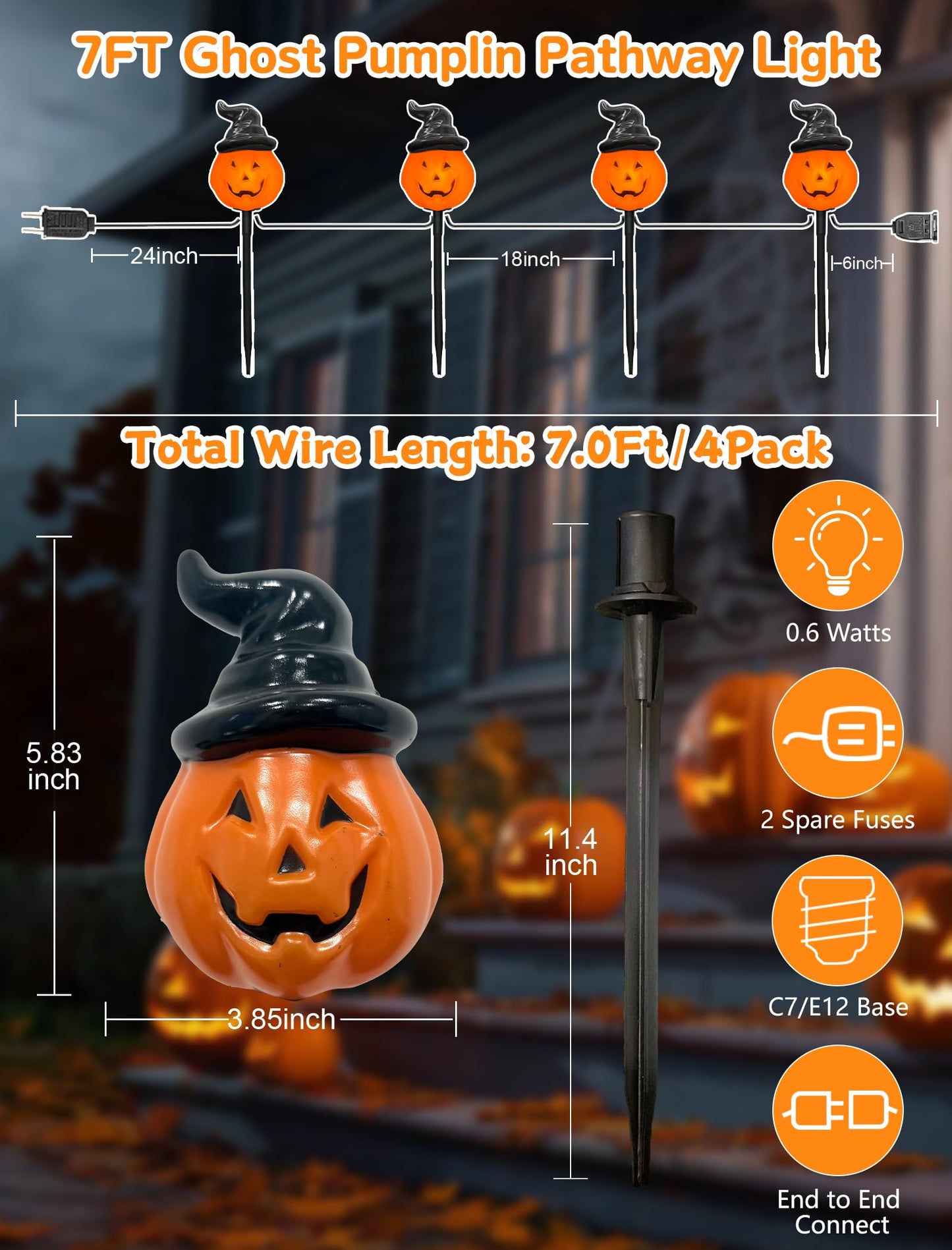 Oviejo Halloween Decorations Outdoor C7 Halloween Pumpkin Pathway Stake Lights, 7Ft Jack-o-Lantern Garden Light with 4 C7 LED Bulbs, Pathway String Lights for Outdoor Garden Walkway Party Lighting