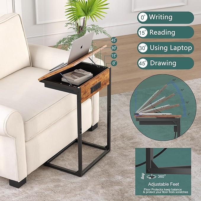 sthmec C Shaped End Table with Charging Station, 45° Tiltable Adjustable Flip