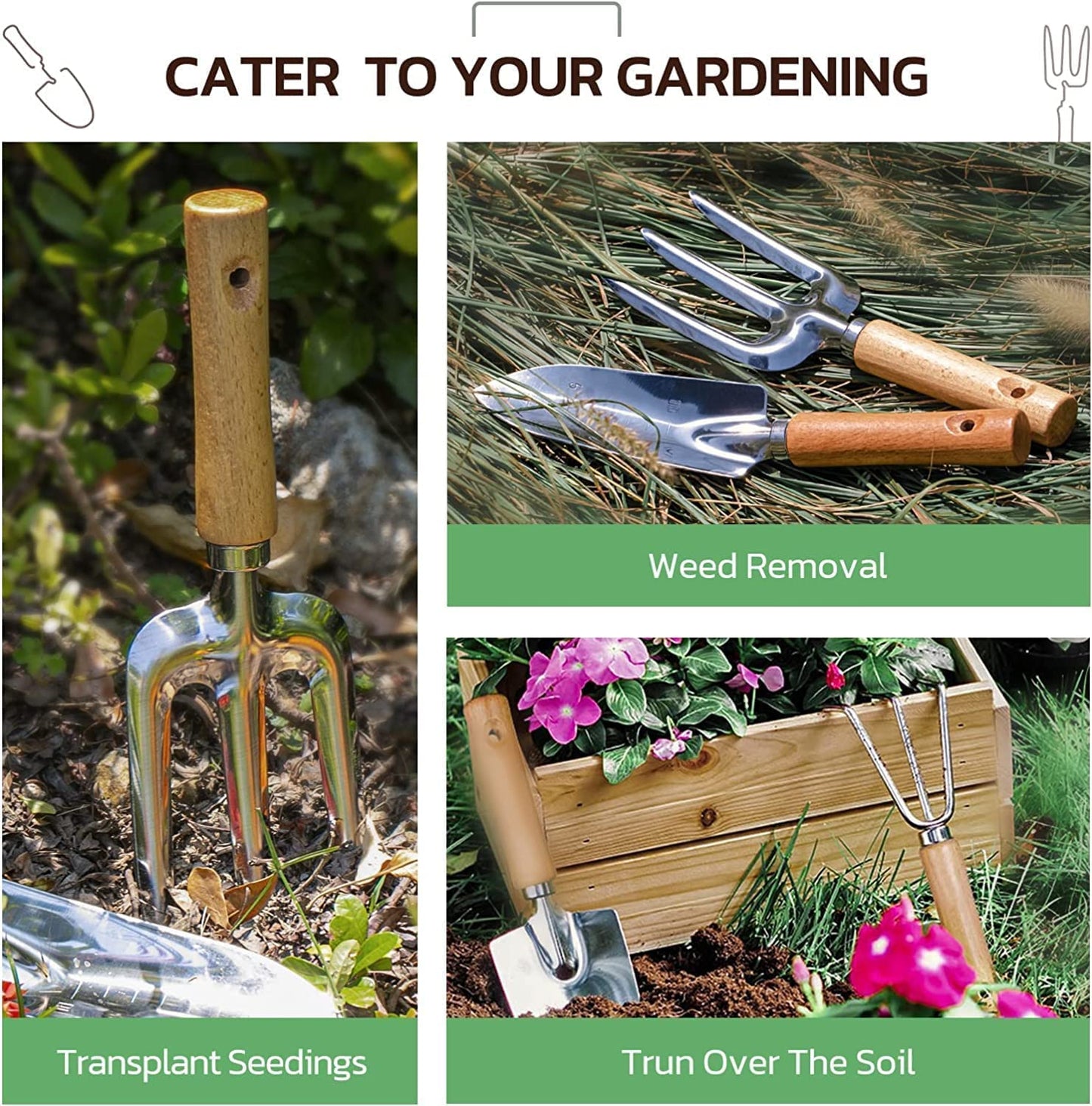 Grenebo Gardening Tools 9-Piece Heavy Duty Garden Hand Tools with Fashion and Durable Garden Tools Organizer Handbag, Rust-Proof Garden Tool Set, Ideal Gardening Gifts for Women