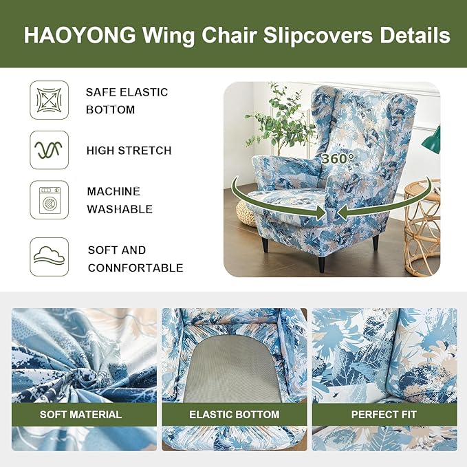 HAOYONG Wing Chair Slipcovers Printed Wingback Chair Covers 2 Pieces Wingback
