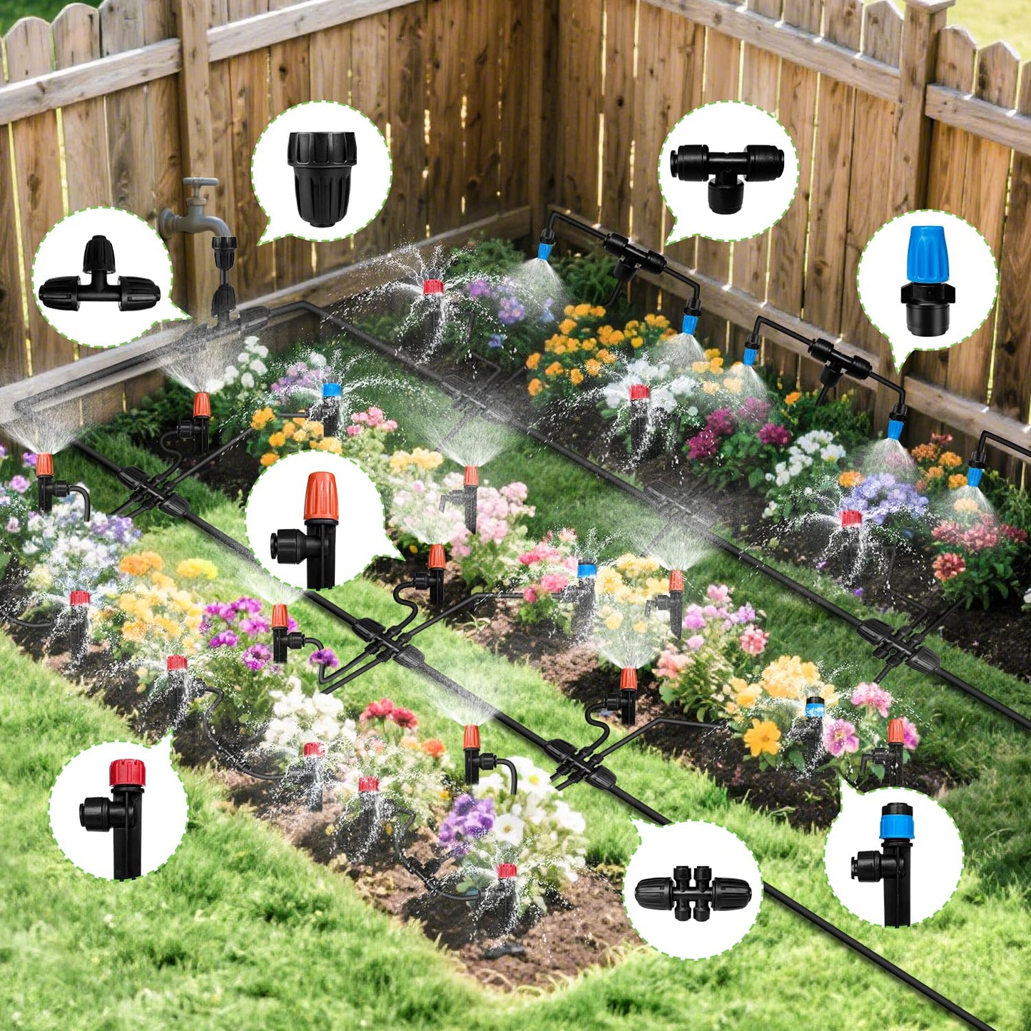 TJJFMM 230FT Drip Irrigation System for Garden with 40 Nozzles & Emitters, Garden Watering System with 1/2" & 1/4" Tube and Barbed Fittings - Adjustable Sprinklers Kit for Greenhouse, Lawn, Raised Bed