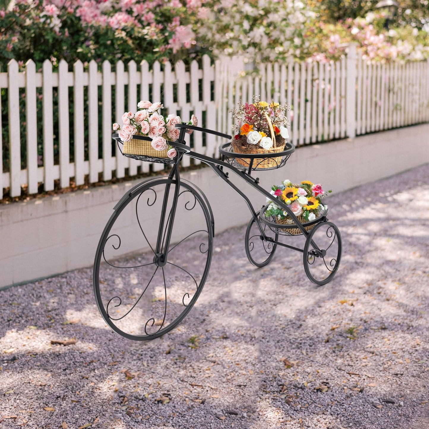 GAMIGIME Tricycle Plant Stand, Metal Bicycle Planter, Flower Pot Cart Holder with 3 Decorative Wheels, Modern Style Flower Pot Cart Holder for Home Decor Patio Garden Flower Shop (Black)
