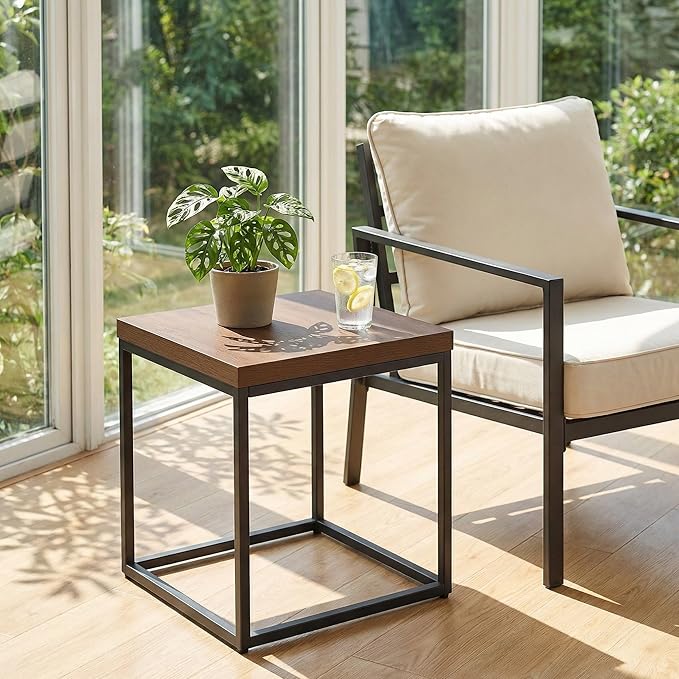 CENSI Modern Square End Table, Extra Thick 1.6" Wood Top & Metal Frame