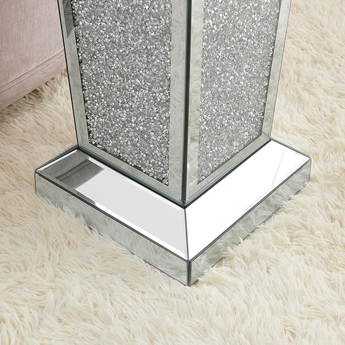 Silver Mirrored End Table with Crystal, Modern Side Accent Table, Square Small