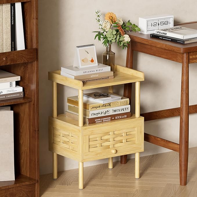 Amazer Nightstand with Charging Station, Bedside Table Bamboo with USB Ports &