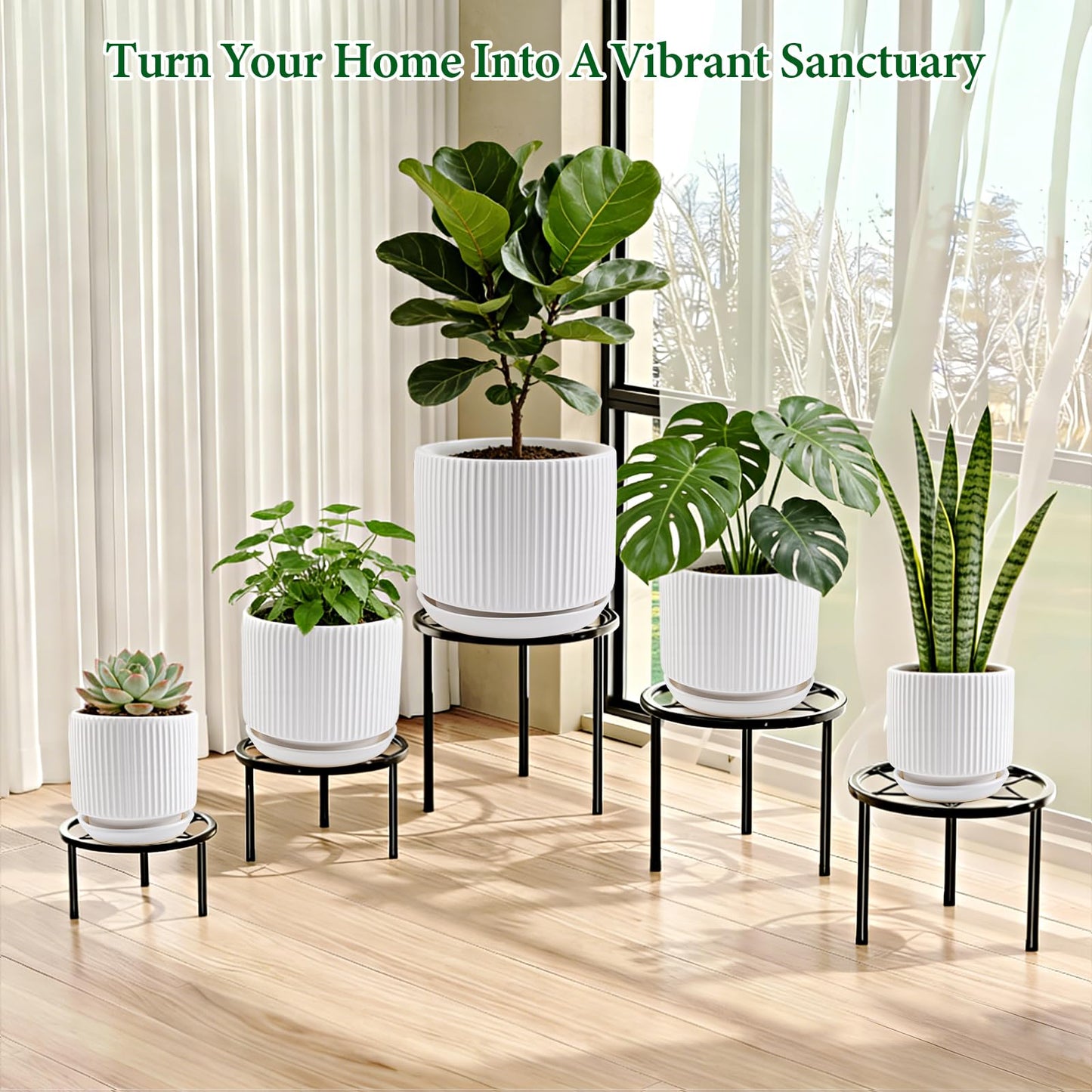 Ceramic-Flower-Pots-Sets-with-Saucer, 5/6/8 inch Small Planters for Indoor Plants with Drainage Hole, White Vertical Stripe Plant Pots for Home Decor, Outdoor Garden Pot For Succulent Cactus Herb