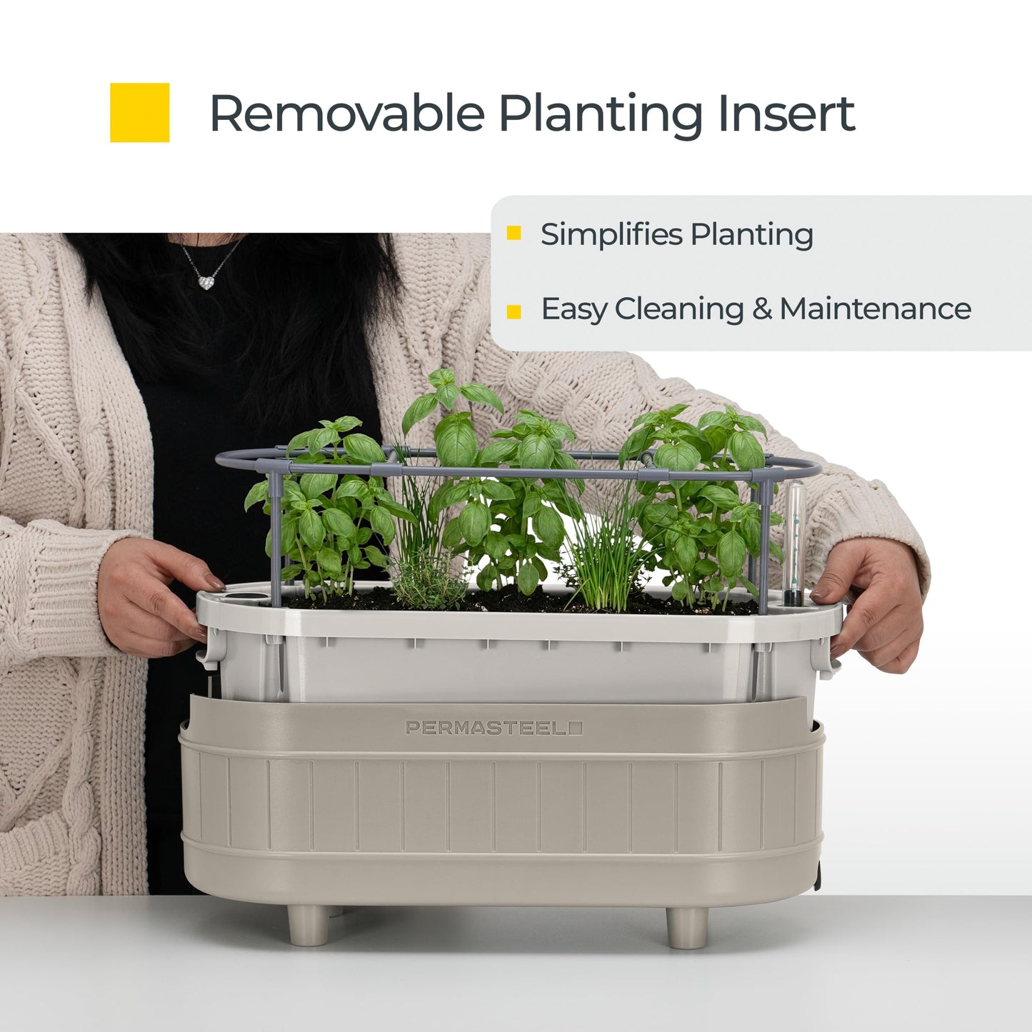 Permasteel Herb Garden Planter with Trellis Support, Self-Watering System with Water Level Indicator, Fits Multiple Herb Plants, for Basil, Flowers, Succulents, Indoor & Outdoor, Taupe