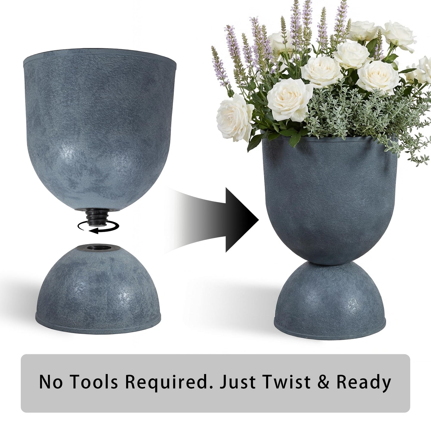 Casaphoria 2-Pack 18" Tall Planters for Outdoor Plants, 13" Large Plastic Flower Pots with Drainage, Lightweight Antique Shape Planters for Front Porch, Patio, Deck (Grey)