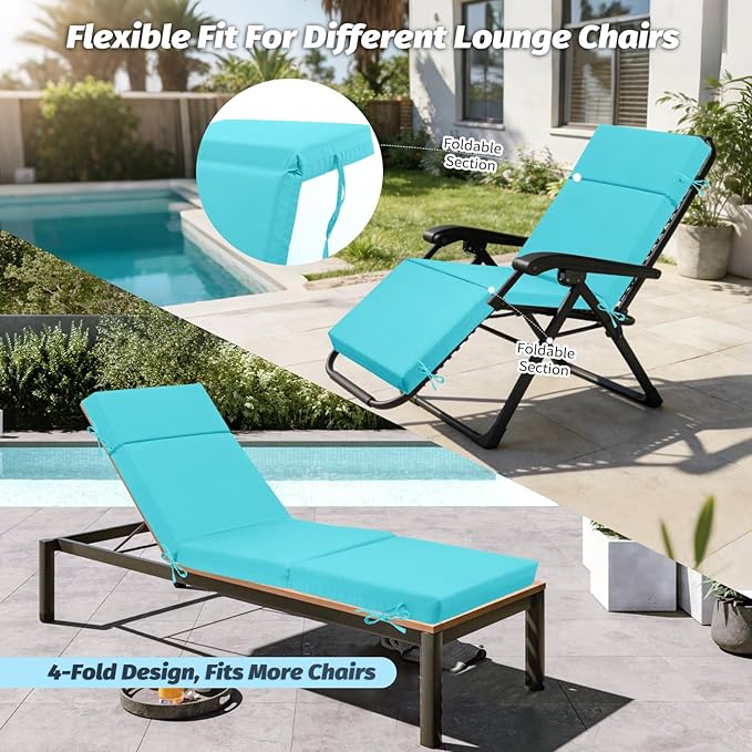 2 Pcs Outdoor Chaise Lounge Cushion 72" x 21" x 3", 4-Section Folding Patio