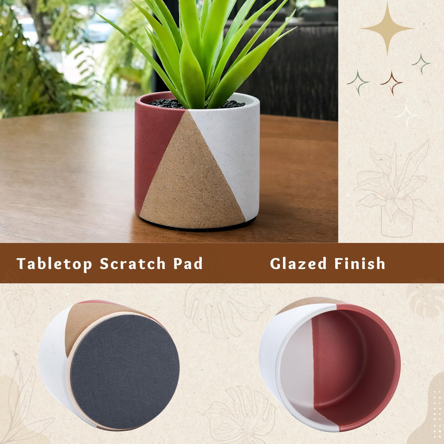 D'vine Dev 6.5" Stoneware Cachepot Planter with 6" Low Clear Nursery Pot & Detachable Saucer – Modern Indoor Plant Pot with Drainage for Bottom Watering & Root Visibility, Crimson Dune, 93-O-C-4