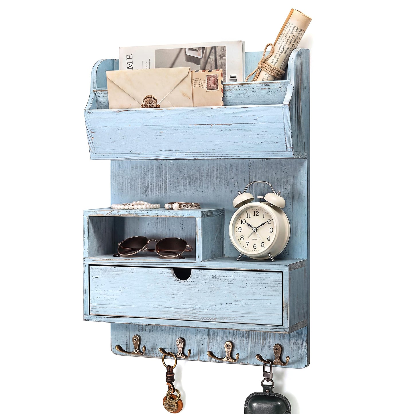 Rebee Vision Pine Wood Key Holder Wall Mount for Home Decor – Farmhouse Key Holder for Wall with Shelf & Drawer Storing Small Items- Ideal Room Decor Aesthetic(Blue)