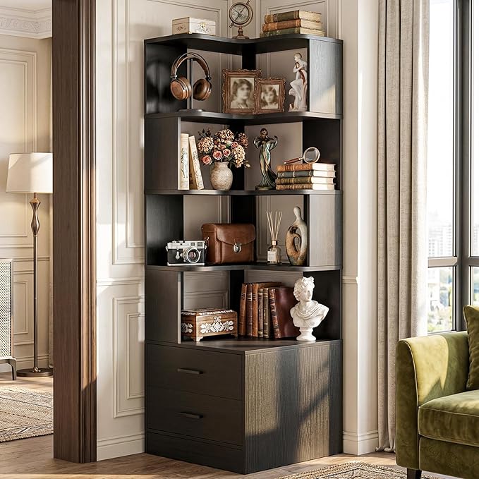 Armocity Corner Bookshelf with Drawers, 7 Tier Corner Book Shelf Display