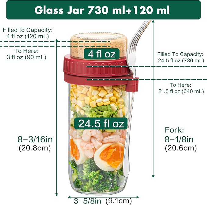 Danmu 24 oz Glass Meal Prep Containers 4-Pack with Lid & Dressing Cup - Leak Proof Salad Jars & Overnight Oats Containers with Lids Stainless Steel Fork Included for On the Go Lunch, Work, Fitness