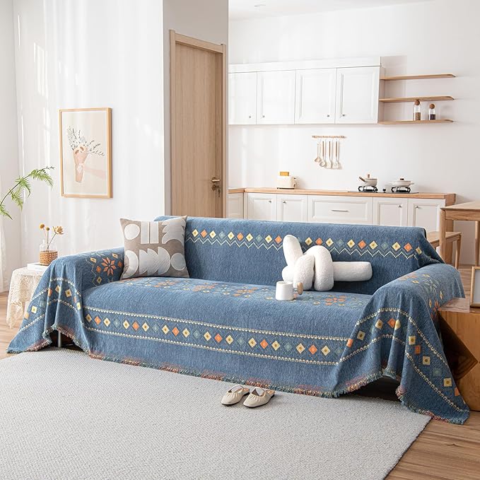 DREAMINGO Blue Boho Couch Cover Geometric Jacquard Sofa Covers