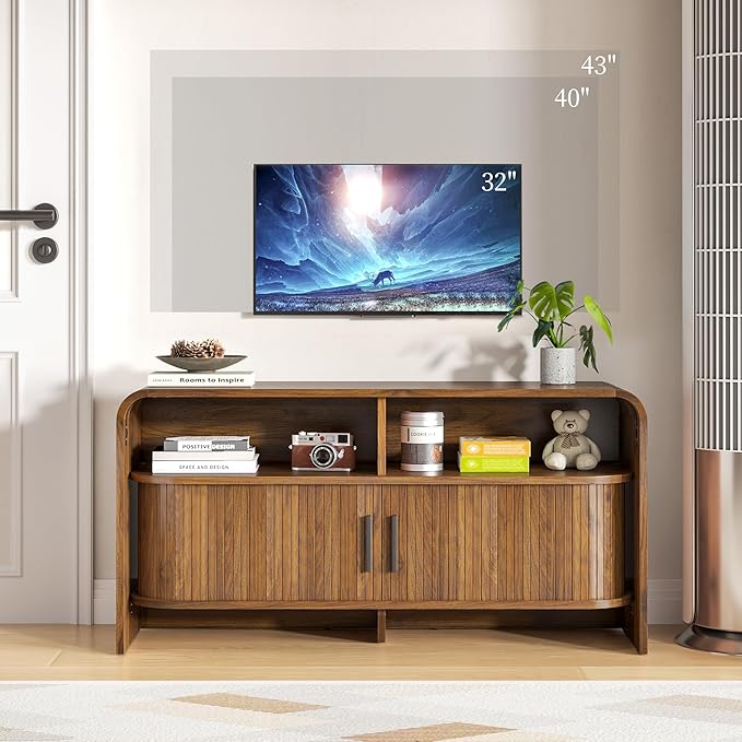 Small TV Stand for Bedroom, Low Fluted TV Console for 40 43 Inch, Mid Century