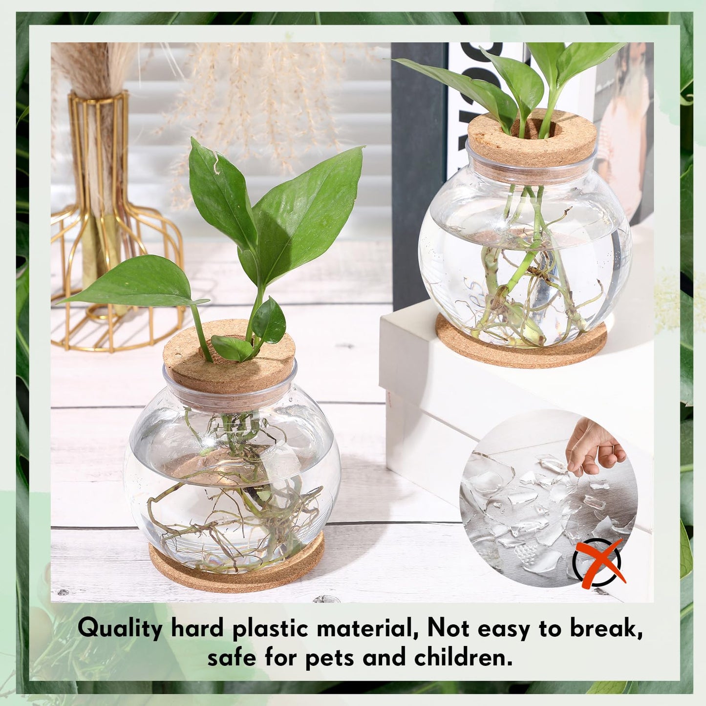 Baderke 6 Packs Propagation Vases for Plants Plastic Plant Propagation Station with Hole Lid and Cork Coasters Plant Growing in Water Hydroponic Home Office Table Decoration(Fish Bowl Style)