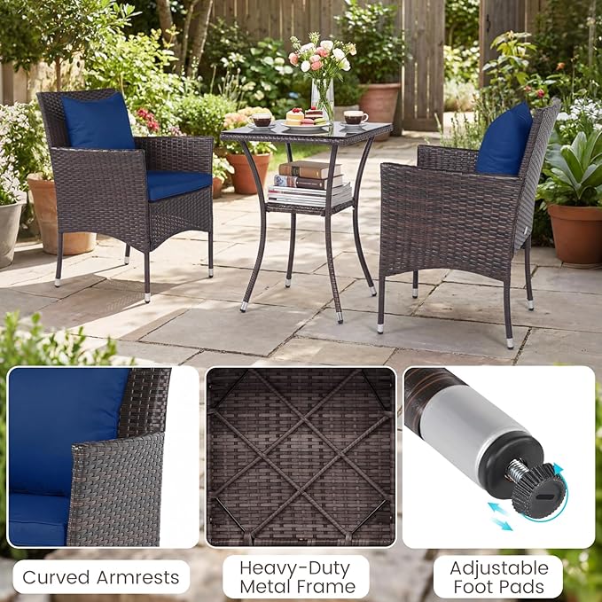 Tangkula 3 Pieces Patio Wicker Bistro Set, 2 Rattan Chairs w/ 2-Tier Tempered