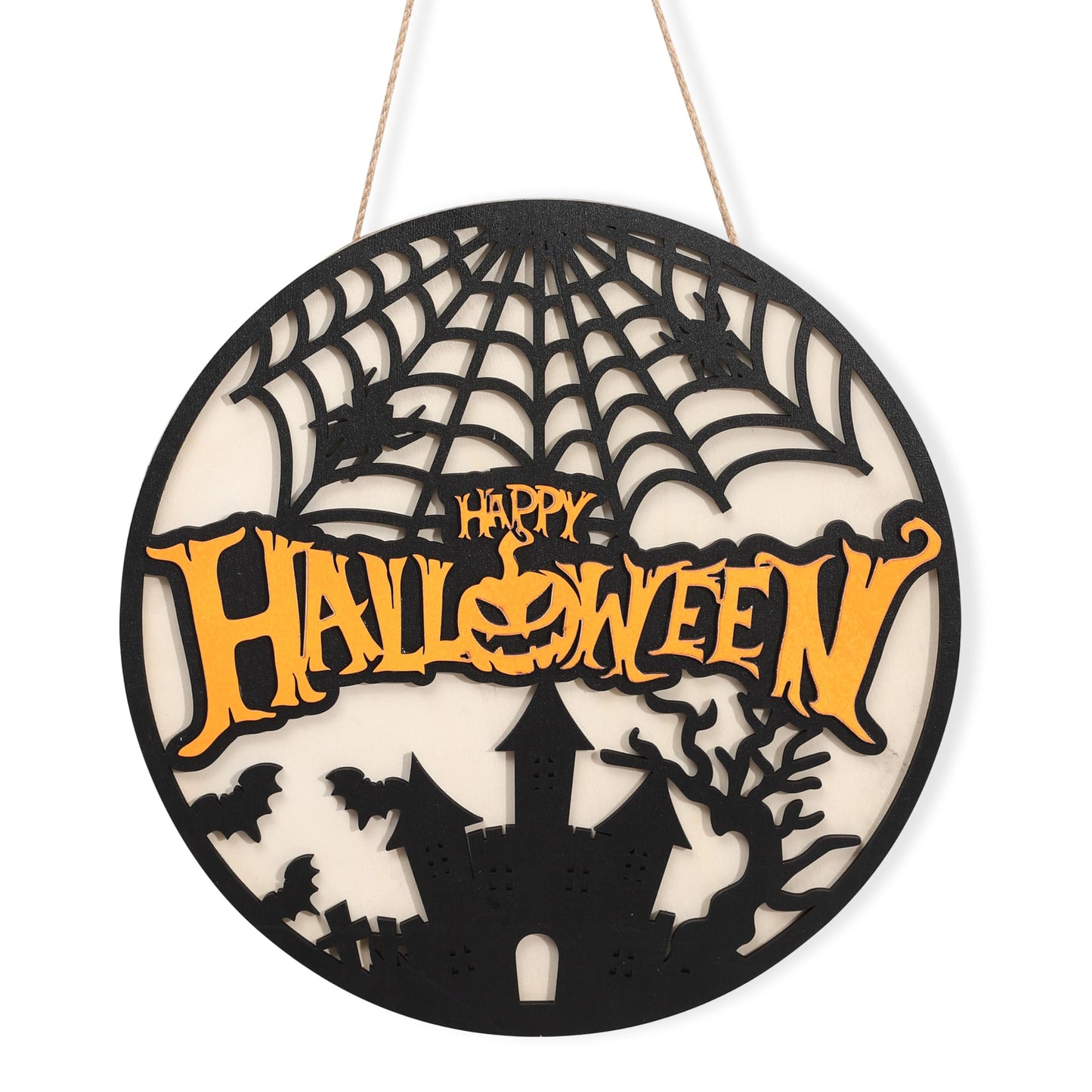 Happy Halloween Wooden Hanging Sign - Halloween Party Decorations, Halloween Ghost Door Sign, Halloween Garland, Wooden Wreath Indoor Wall Hanging Decorations (Happy Halloween Wreath)