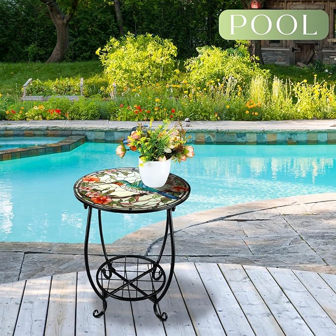 Cinnvoice Outdoor Side Table Round Small Mosaic Patio Accent Indoor End Plant