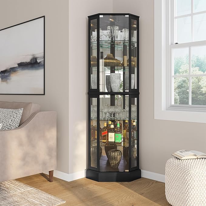 BELLEZE Lighted 3-Side Glass Display Curio Cabinet