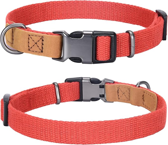 Mile High Life Genuine Leather Dog Collar, Soft Cotton Pet Collars with Heavy Metal Buckle for Small Large Dogs (Red, L Neck 17"-21")