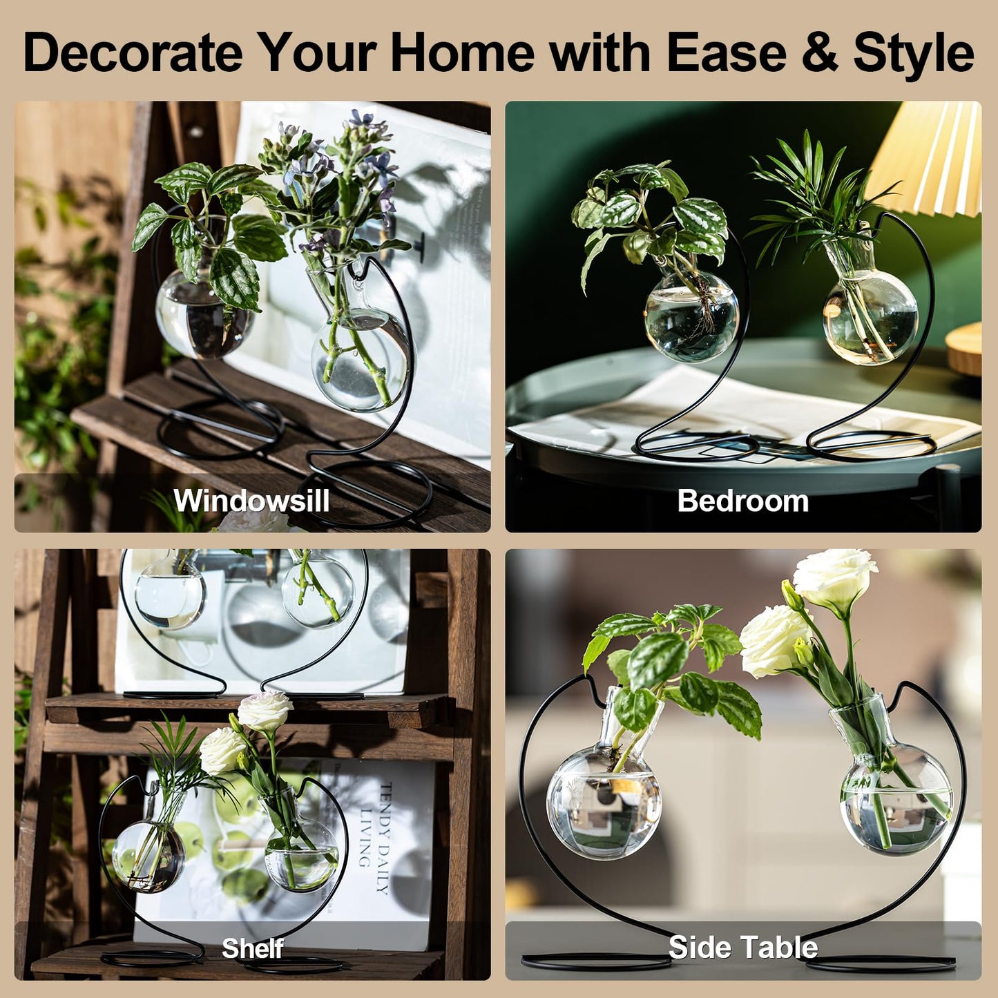 Desktop Glass Plant Propagation Station with Metal Stand,Tabletop Plant Terrarium,Hydroponics Vase for Propagating Hydroponic Office Garden Home Decor, for Weddings, Centerpieces (6)
