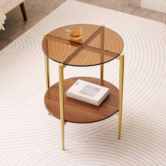 LumFurn Round Glass End Table, Mid-Century Modern Design Sofa Table