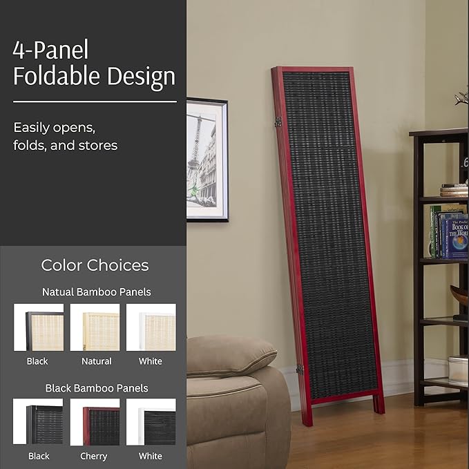 Roundhill Furniture Inkwell 4-Panel Bamboo Room Divider, Folding Portable